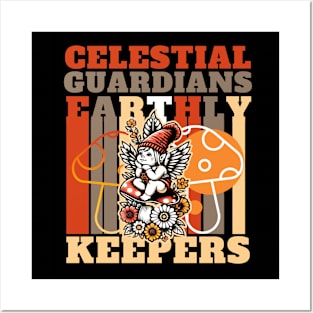 Celestial Guadians, Earthly Keepers Cute Cherubim and Mushroom Design Posters and Art